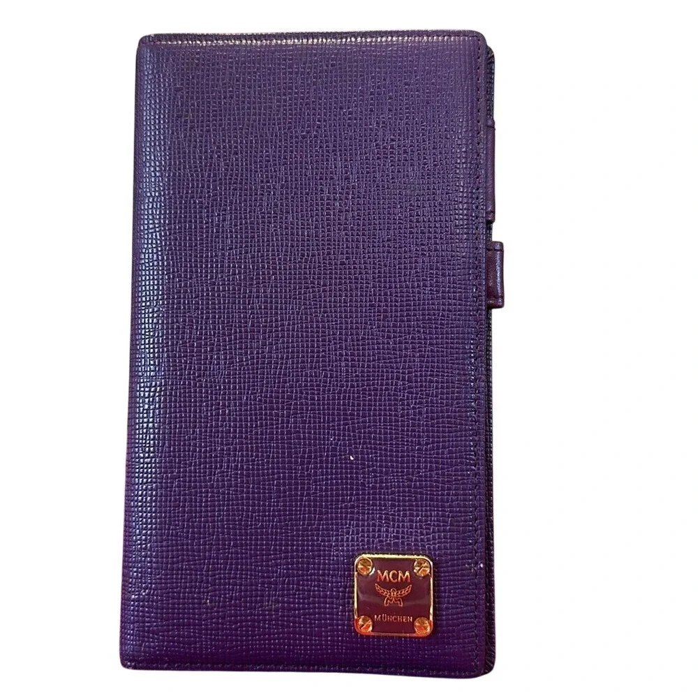 MCM Long Slim Wallet Purple Textured Leather Bifold Gold Logo Luxury